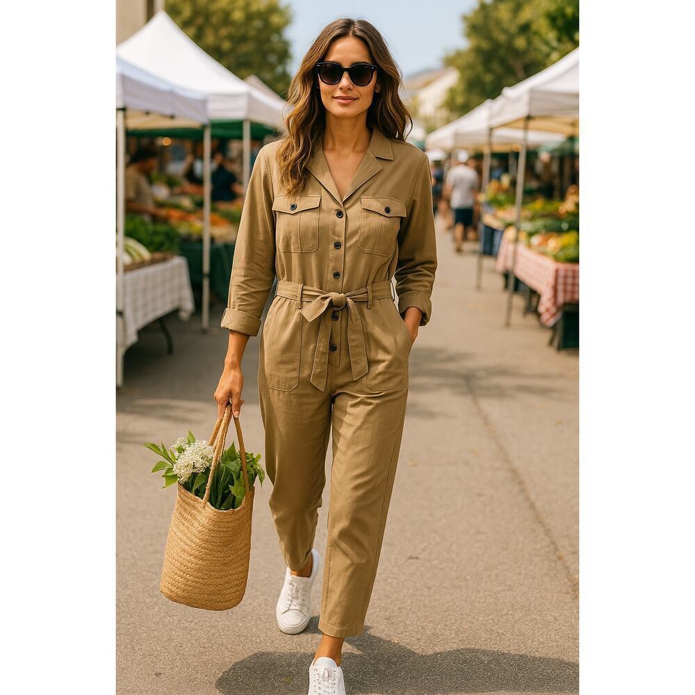 New Easel Women’s Utility Button Down Belted Jumpsuit 100% Cotton Tan Large